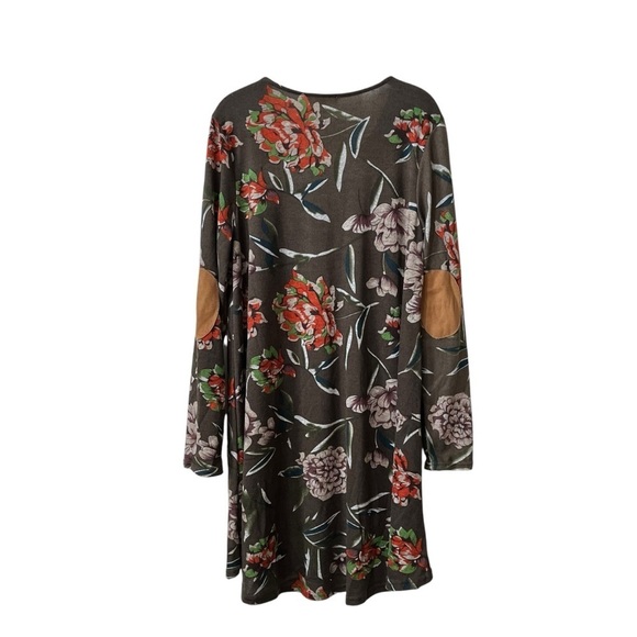 Entro Dress Women's Size L Brown Floral Lace Up Elbow Patches Long Sleeve Boho - Picture 3 of 9